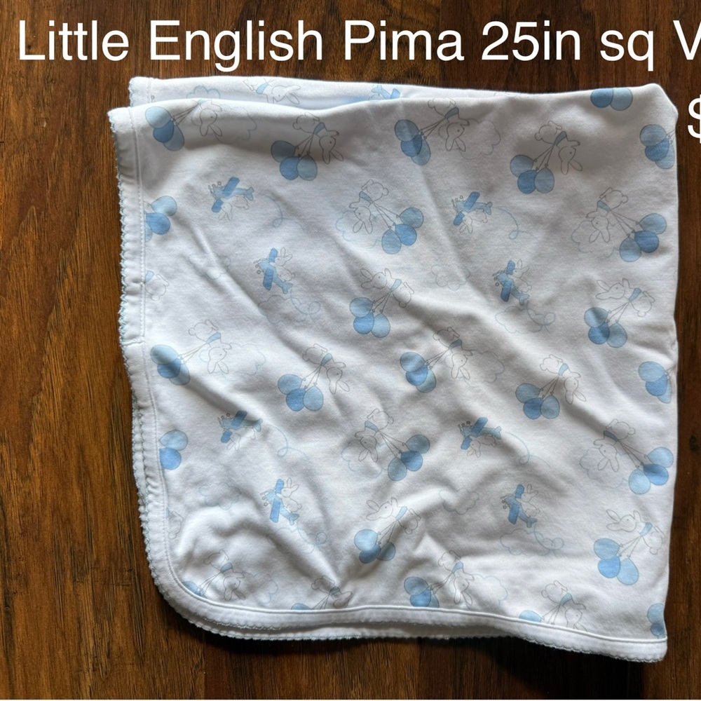 Little English Pima Cotton White and Blue Blanket, Bunnies, Planes, Balloons